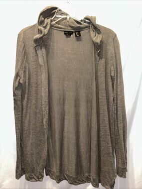 TAHARI 100% Linen Open Cardigan Sweater Womens Large Hooded Beach Boho Summer